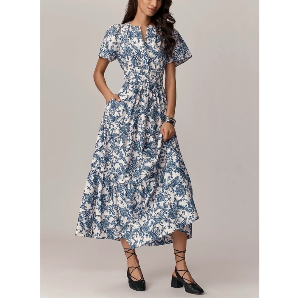 Anthropologie Somerset Maxi Ivory Blue Floral Tiered Cotton Summer Dress S - Picture 1 of 9